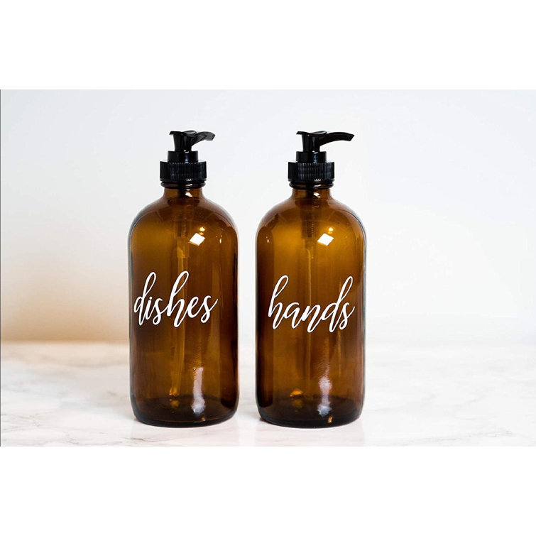 Winston Porter Amber Glass Soap Dispenser, Dish And Hand Soap Dispenser Set, 16 Oz Glass Soap